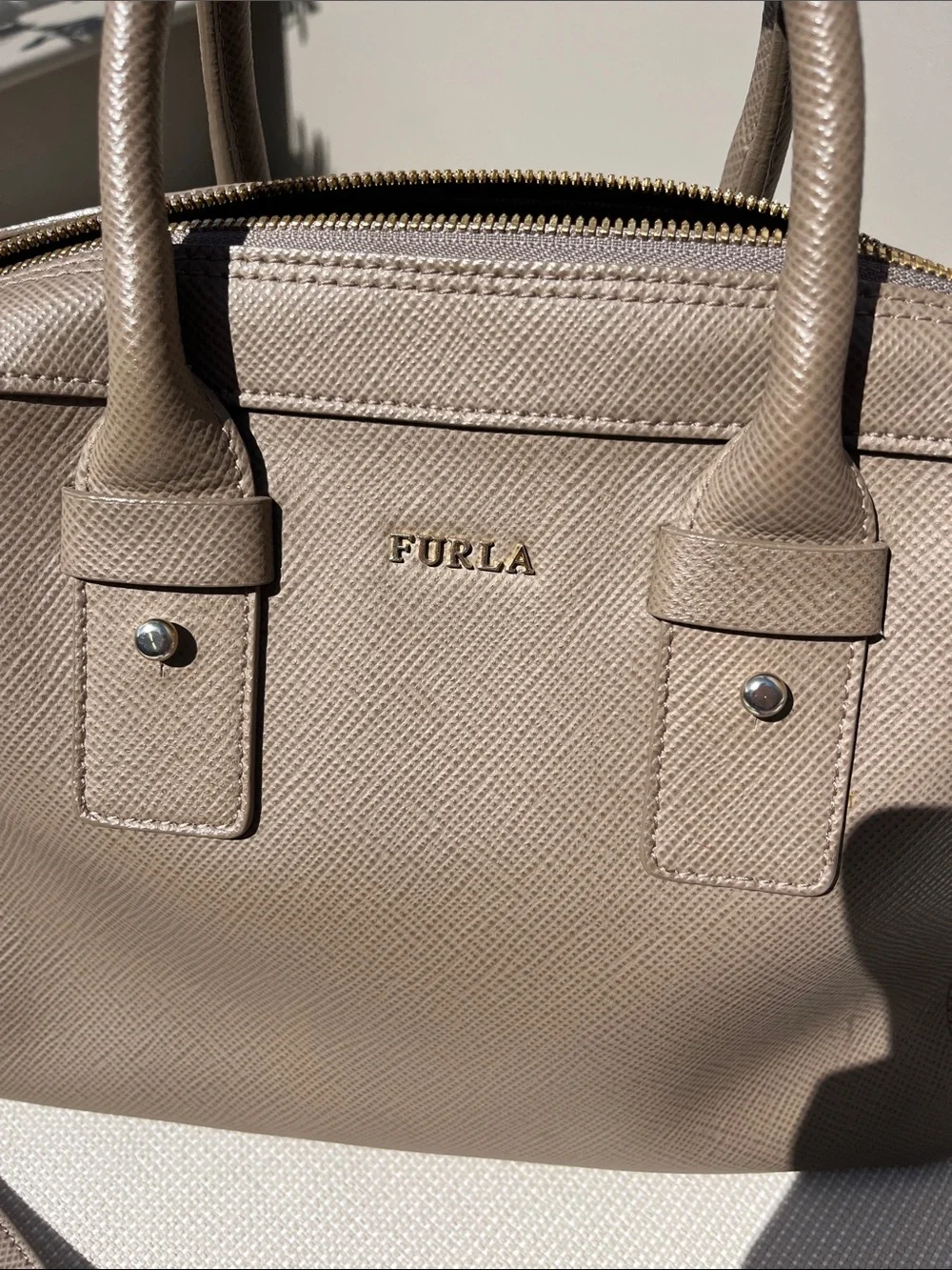 Furla Taupe Saffiano Leather Dome Satchel with Strap